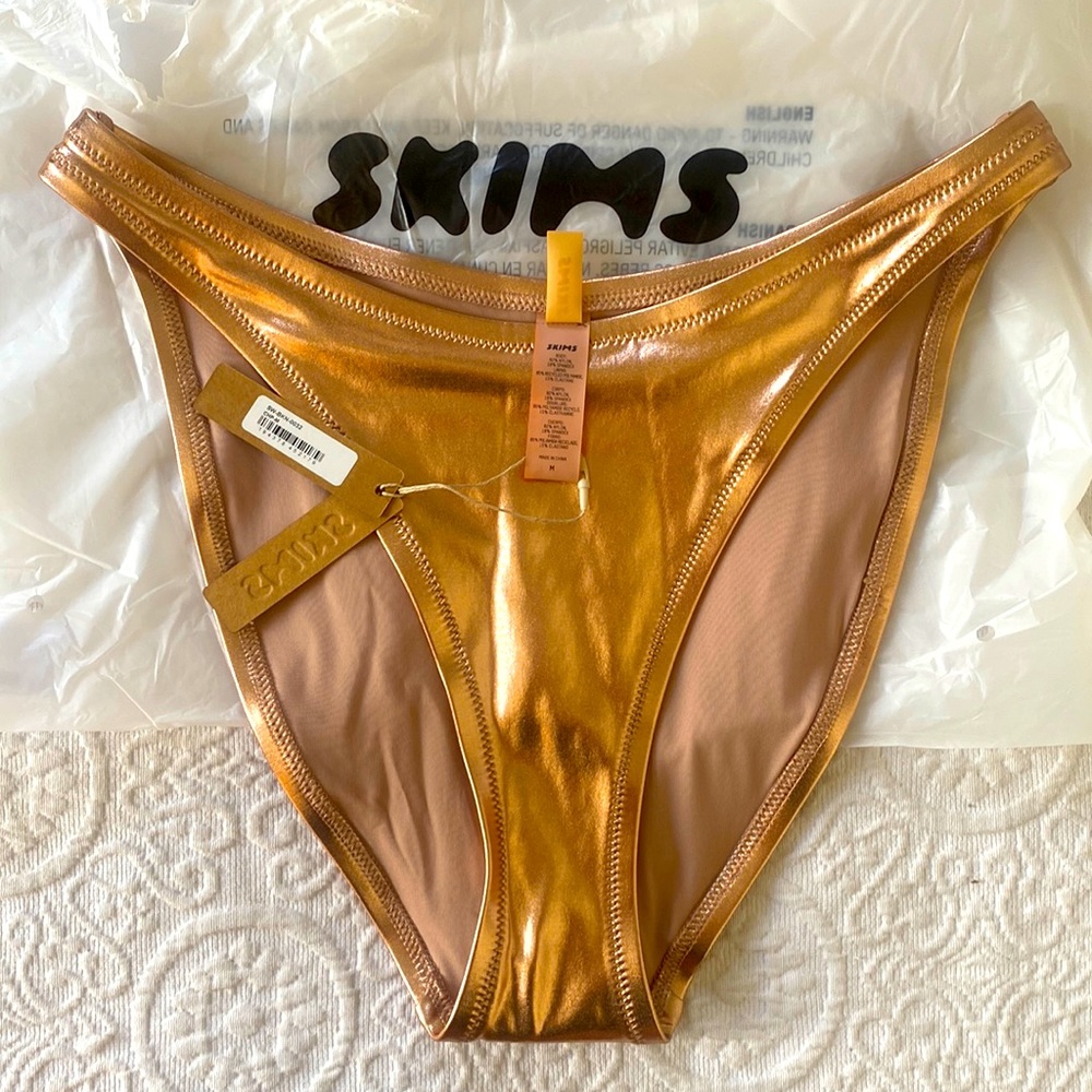 SKIMS METALLIC SWIM Dipped Mid Waist Bottoms size: M Champagne